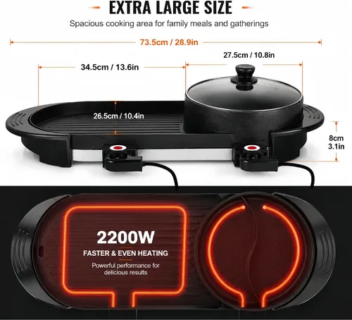 Vista 4 de SEAAN Olla caliente con parrilla, parrilla eléctrica para interiores, Shabu Shabu Shabu Pot coreana sin humo, doble temperatura contral, capacidad
