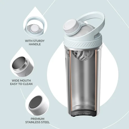 Vista 3 de Ideus Botella mezcladora de proteínas de 24 onzas (24.0 fl oz), botella agitadora de acero inoxidable aislada con bola de Tritan silenciosa, vasos