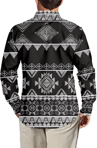 Vista 3 de Camisas aztecas con botones para hombre, vintage, nativo americano, patrón tribal nación, manga larga, camisa de talla grande para hombre