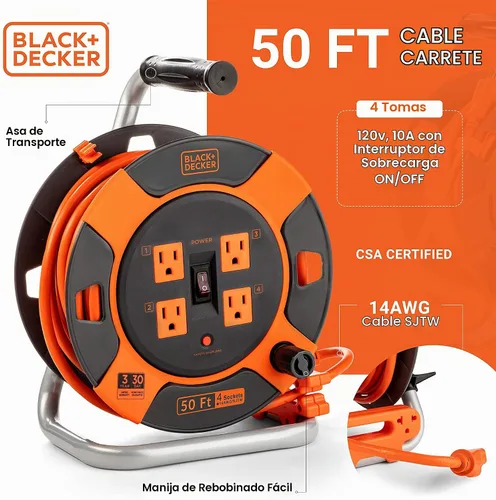 Vista 3 de BLACK+DECKER Carrete de cable de extensión retráctil de 50 pies con 4 tomas, extensión de enchufe múltiple, rebobinado de fácil mango y cable SJTW