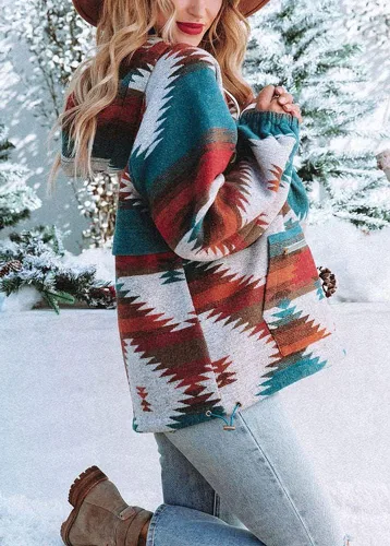 Vista 4 de chouyatou Sudadera con capucha y media cremallera con estampado azteca tribal para mujer
