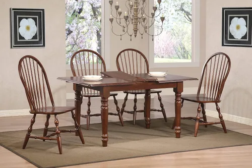 Vista 2 de Sunset Trading Andrews - Mesa rectangular extensible de hojas de mariposa de 5 piezas de 60 pulgadas Windsor Sillas con respaldo de husillo