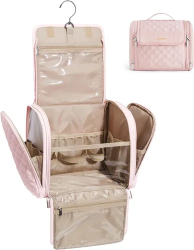 Vista 15 de BAGSMART Neceser de viaje para maquillaje con gancho para colgar, bolsa de cosméticos, organizador de gran capacidad, resistente al agua, para Beige