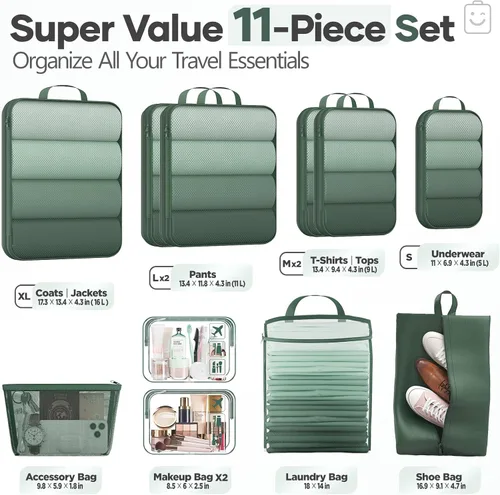 Vista 2 de Veken Juego de 11 cubos de compresión para artículos esenciales de viaje, bolsas organizadoras compresibles expandibles grandes para ropa, bolsas
