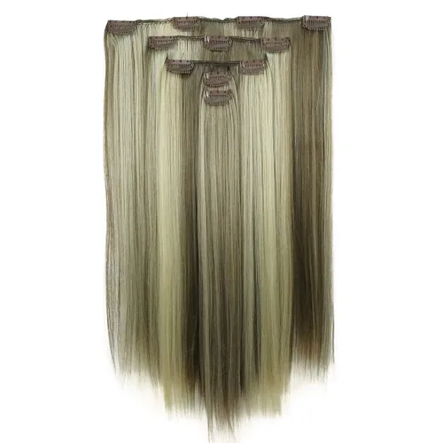 Vista 2 de Lydell Juego de 5 extensiones de cabello sintético con clip de 20 pulgadas de largo y lacio para mujer (12TT26 marrón con reflejos)