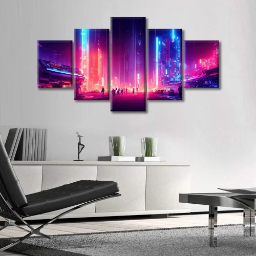 Vista 231 de Cuadros de 5 paneles de Cyberpunk City, arte de pared, representación de vallas publicitarias, edificios modernos en la capital con obras de arte