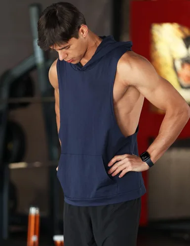 Vista 5 de Camiseta sin mangas de entrenamiento para hombre, camiseta sin mangas con capucha para gimnasio, culturismo, entrenamiento, camiseta atlética