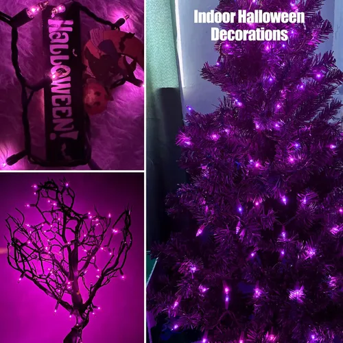 Vista 5 de HISHINY Luces de Halloween moradas, 100 unidades, cadena de luces incandescentes con cable negro, decoraciones ideales de Halloween para exteriores