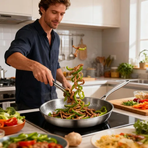Vista 3 de Sartén de acero inoxidable – Sartén martillada resistente, cocina antiadherente, sartén para saltear con calor uniforme Utensilios de cocina