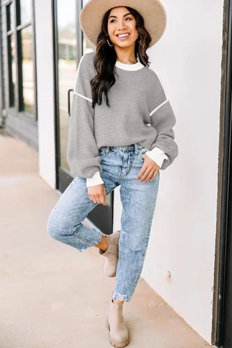 Vista 2 de Suéteres de otoño para mujer, de manga larga, a rayas, de gran tamaño, a la moda, casual, cuello redondo, suéter de punto, gris (A Grey)