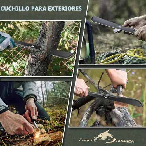 Vista 7 de Purple Dragon Machete de espiga completa de acero D2 con sierra y funda