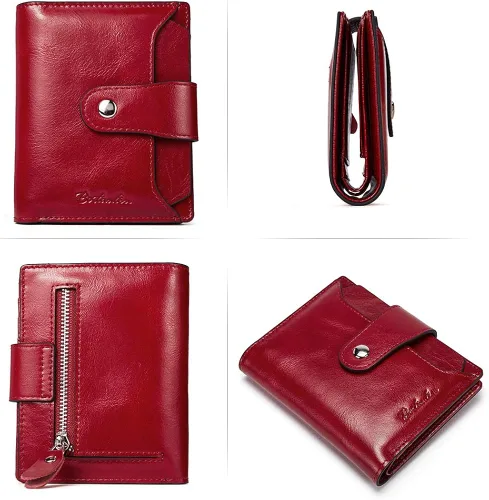 Vista 6 de BOSTANTEN - Billetera de cuero para mujer con bloqueo RFID, pequeña, con cremallera, de bolsillo, para tarjetas, con ventana para documento