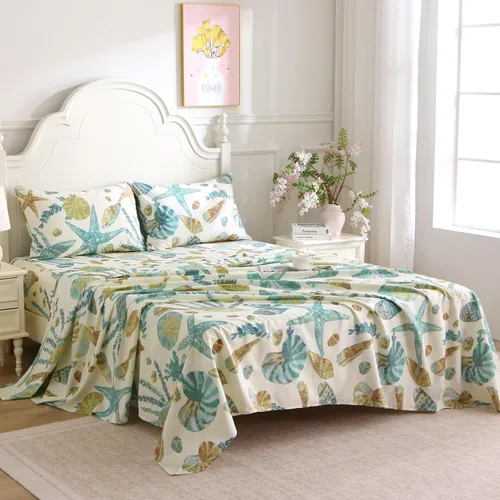 Vista 2 de ABREEZE Juego de sábanas de 4 piezas con temática de playa, 100% algodón, ropa de cama costera súper suave, color blanco, verde azulado, conchas
