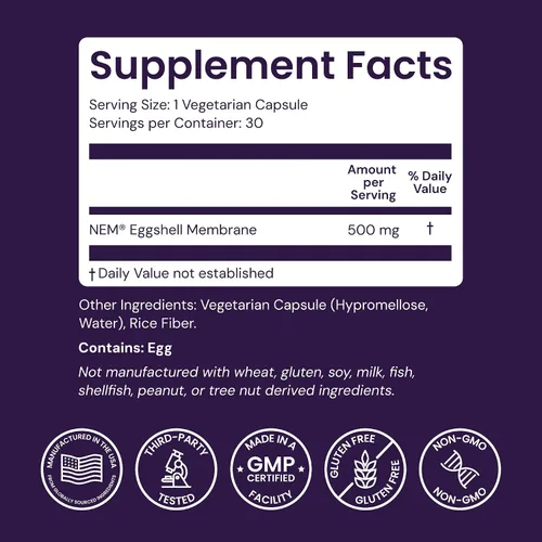 Vista 4 de Healthy Origins Membrana de cáscara de huevo NEM de 500 mg, 30 cápsulas vegetarianas, estudiadas clínicamente, de origen estadounidense, suplemento