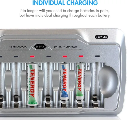 Vista 6 de Tenergy TN145 - Cargador de 8 bahías y paquete de 4 pilas AA recargables y paquete de 4 baterías AAA recargables, carga independiente, certificado