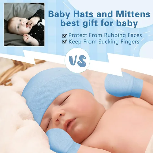 Vista 2 de Zando Gorros y manoplas unisex para bebés, gorro de hospital para recién nacidos, con guantes antiarañazos, conjunto para bebés y niños