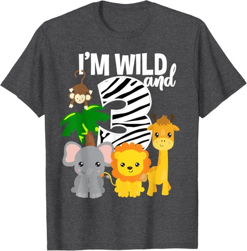 Vista 31 de Camiseta de cumpleaños con temática de zoológico de I'm Wild and 3, Negro, S