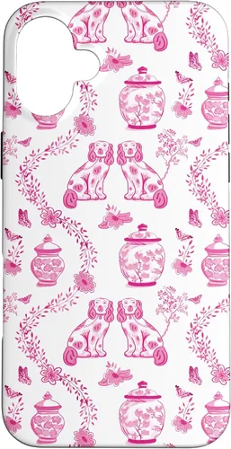 Vista 23 de Preppy - Carcasa para iPhone 16, diseño de perros y tarros de jengibre, color rosa y blanco