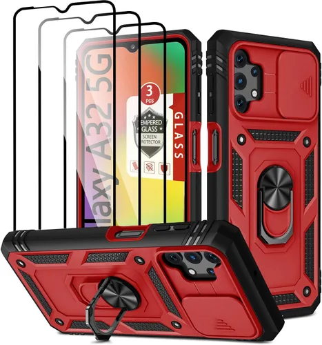 Vista 10 de Funda para Galaxy A32 5G, para Galaxy A32 con 3 protectores de pantalla de vidrio templado con soporte integrado + cubierta de cámara, carcasa