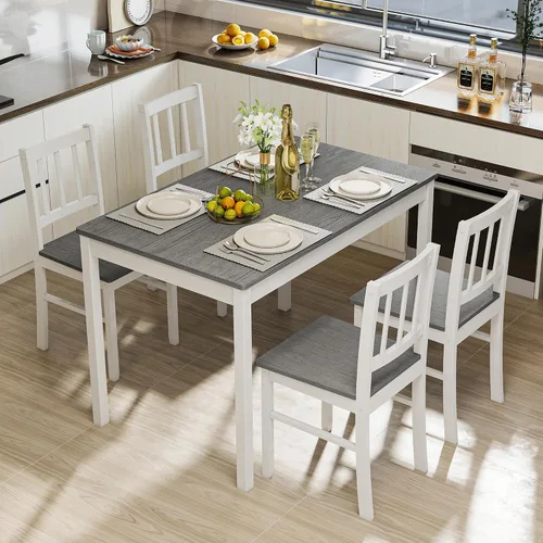 Vista 8 de Juego de mesa de comedor de 5 piezas para 4, juego de mesa de cocina rectangular de madera maciza con 4 sillas, juego de comedor de madera que