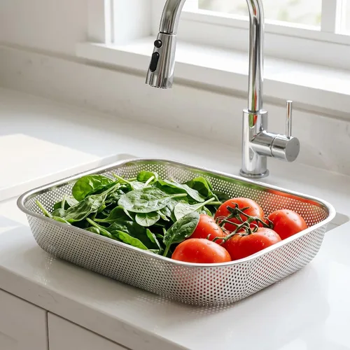 Vista 6 de Cedilis Paquete de 2 coladores grandes de acero inoxidable, cesta de lavado de verduras de malla de 6 cuartos de galón, cesta escurridor rectangular