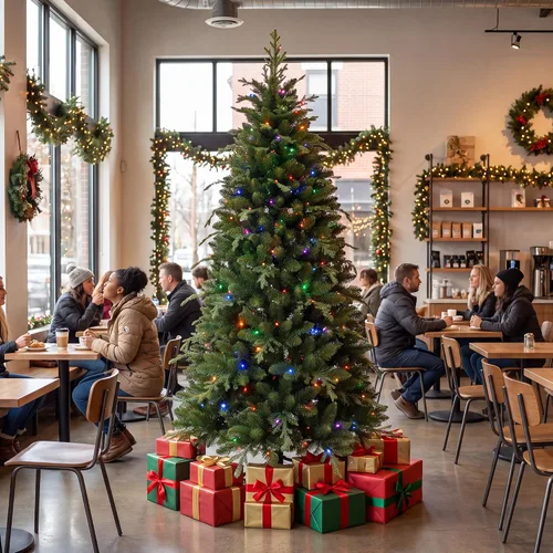 Vista 3 de Artificial Christmas Tree, Realistic Fraser Fir Hinged Locations with Warm LED Lights & Metal Stand, 6 Feet