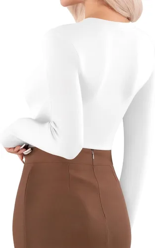 Vista 3 de MANGOPOP Camiseta de manga larga con cuello en V para mujer, ajustada, camiseta tipo túnica