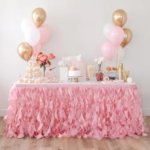 Vista 12 de Falda de mesa tutú azul. Falda de mesa de 6 pies con sauces de organza de doble capa para decoraciones bajo el mar, decoración de primer cumpleaños