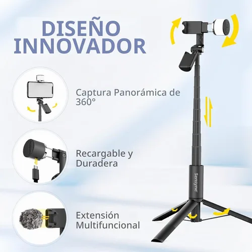 Vista 4 de Sensyne Palo selfie con luz, trípode para teléfono con mango giratorio de 360° compatible con teléfonos celulares