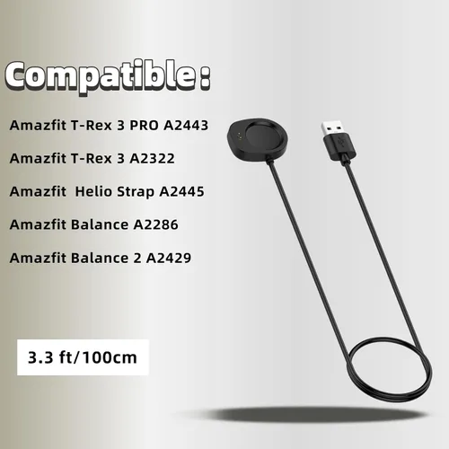 Vista 2 de Cable USB-C para reloj inteligente compatible con Amazfit T-Rex 3 / Balance 2/Helio correa, repuesto de 3.3 pies para reloj inteligente de carga