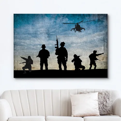 Vista 2 de wall26 Lienzo impreso para pared, estilo panel de madera, soldados del ejército estadounidense, helicóptero, puesta de sol, cultural, histórico