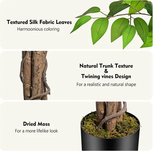Vista 3 de Árboles artificiales de ficus de 3 pies con troncos naturales curvados, árbol exuberante de 36" de altura, árbol falso de ficus realista en verde