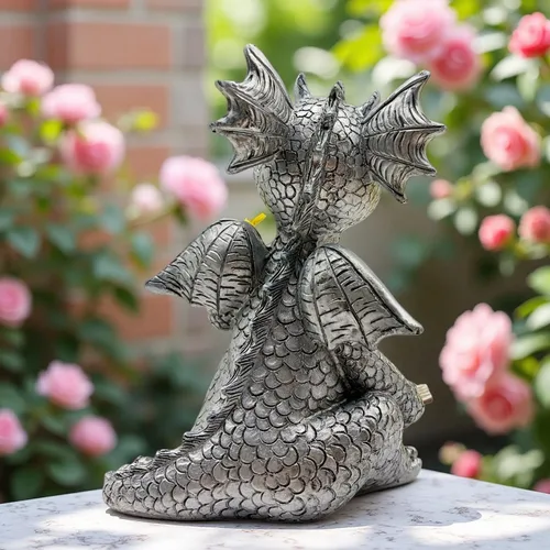 Vista 6 de Bonita estatua de libro de lectura de dragón, 5.9 pulgadas de alto con figuras de mariposa de dinosaurio, escultura de resina de arte, decoración