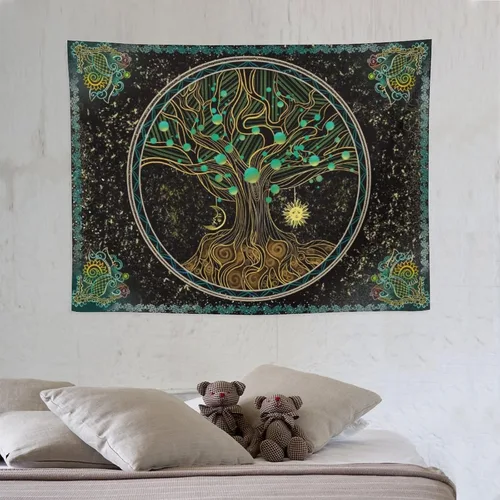 Vista 2 de Naykow Árbol de la vida, bohemio, sol, luna, naturaleza, lindo tapiz verde para pared, mandala espiritual, chakras, grunge, tapices para colgar