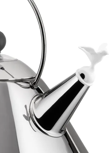 Vista 3 de Alessi 9093 W - Hervidor de agua con mango y silbato en forma de pájaro, acero inoxidable y PA, blanco