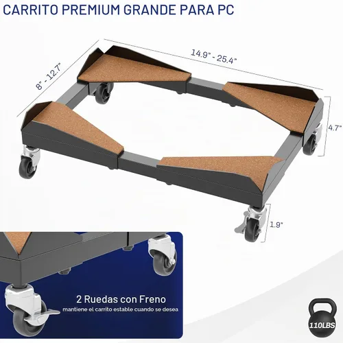 Vista 3 de VIVO Carrito de PC portátil ajustable de acero grande para debajo del CART-PC03D se adapta a la mayoría de PC para juegos de hasta 25 x 12 pulgadas
