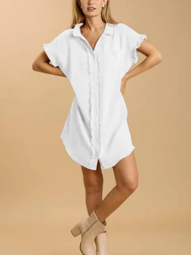 Vista 4 de Paintcolors Camisa de algodón con botones para mujer, de manga corta, túnica de gran tamaño, con bolsillos