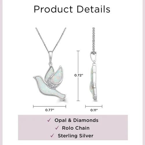 Vista 9 de Jewelili Collar con colgante de paloma de plata de ley o oro amarillo chapado en plata de ley para mujer, ópalo creado y diamantes redondos blancos