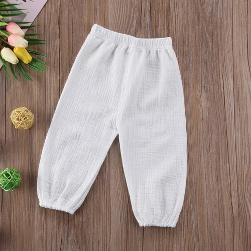 Vista 3 de Paquete de 3 pantalones de algodón y lino para bebés, niños y niñas, color liso, ropa básica para bebés