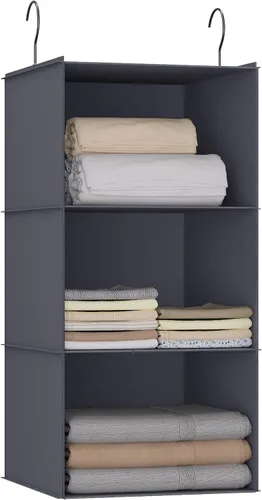 Vista 29 de Organizador colgante para armario y almacenamiento con 3 estantes, estantes colgantes plegables de montaje fácil para guardar ropa, bolsos, zapatos