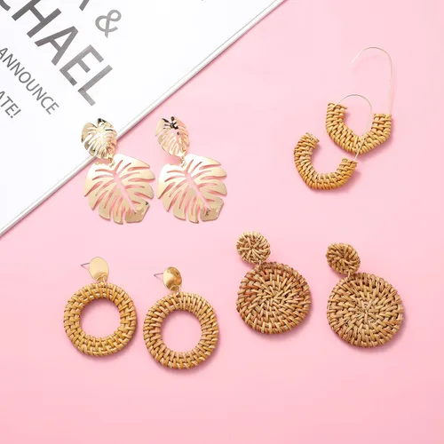 Vista 2 de LANTAI 16 Pairs Trendy Acrylic Earrings Rattan Earrings for Women Girls-Summer Beach Straw Earrings Resin Dangle Drop Fashion Earrings Geometric