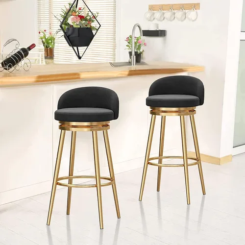 Vista 9 de Juego de 3 taburetes de bar modernos de terciopelo con respaldo y reposapiés, taburetes de bar giratorios de 360°, taburetes de bar sin brazos