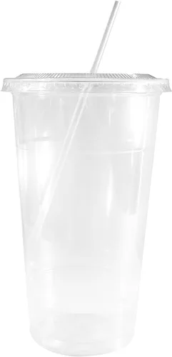 Vista 2 de Vasos desechables de plástico transparente extra grandes con tapas y pajitas, 100 unidades, 24 onzas (onzas) taza de PET transparente para batidos