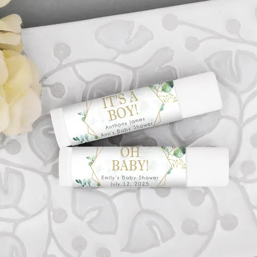 Vista 3 de Bálsamo labial para baby shower, bálsamo labial personalizado, baby shower neutro, baby shower con temática geométrica, baby shower para niño, baby