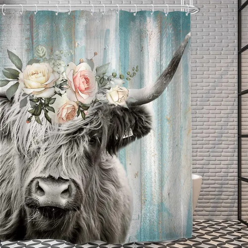 Vista 7 de Highland Cow Farmhouse - Cortina de ducha rústica con diseño de toro, 60 pulgadas de ancho x 72 pulgadas de largo Country Western - Juego