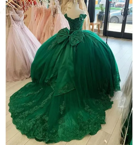 Vista 3 de Youjiayi Vestidos de quinceañera de princesa con hombros descubiertos, de encaje hinchado, de tul dulce 16, con tren, lazo grande, vestidos largos