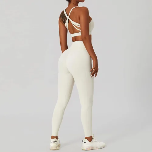 Vista 6 de ABOCIW Conjuntos de entrenamiento para mujer, 2 piezas, cintura cruzada, leggings de cintura alta, brasier deportivo con tirantes, para ejercicio