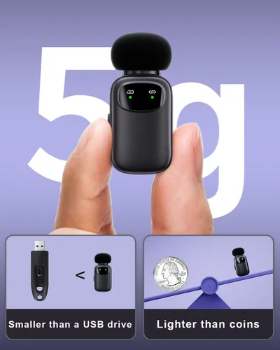 Vista 5 de T1 mini micrófono inalámbrico Lavalier para iPhone/Android/iPad, reducción de ruido de 3 niveles, duración de la batería de 30 horas, cambiador