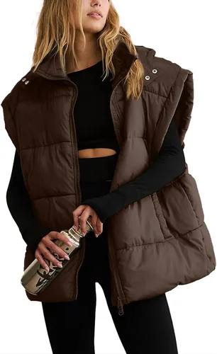 Vista 50 de Shiyifa Chaleco acolchado para mujer, chaqueta de gran tamaño, sin mangas, ligera, con cremallera, con capucha desmontable