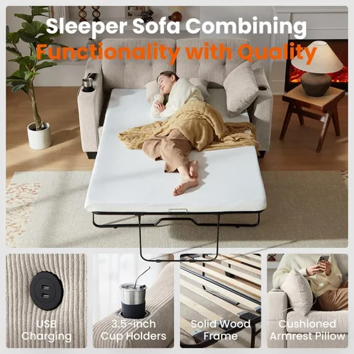 Vista 6 de CHIC HOUSE Sofá cama extraíble, sofá cama tamaño completo, sofá convertible 2 en 1 de pana con carga USB, sofá de espuma viscoelástica para sala